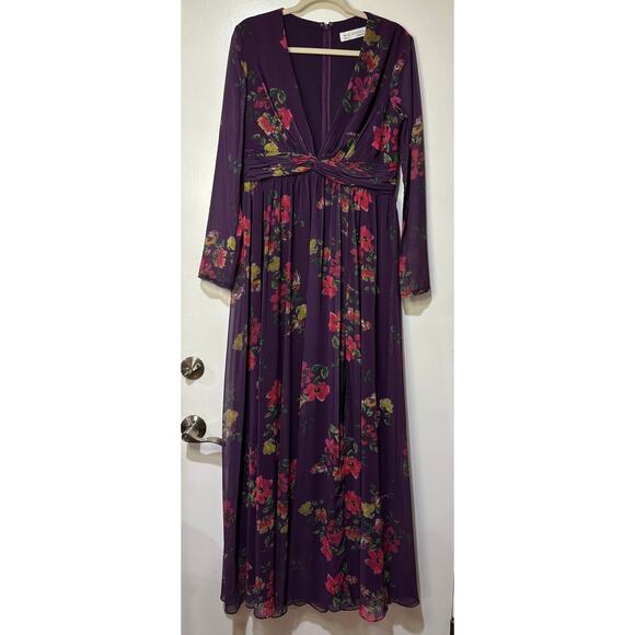 Mac Duggal Long Sleeve Ruched Top Deep V-Neckline Gown Purple Size 10 NWT #68558 - Picture 2 of 16